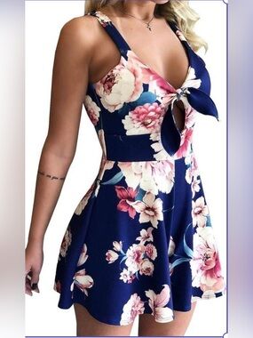 Navy Blue Floral Tie-Front Mini Dress